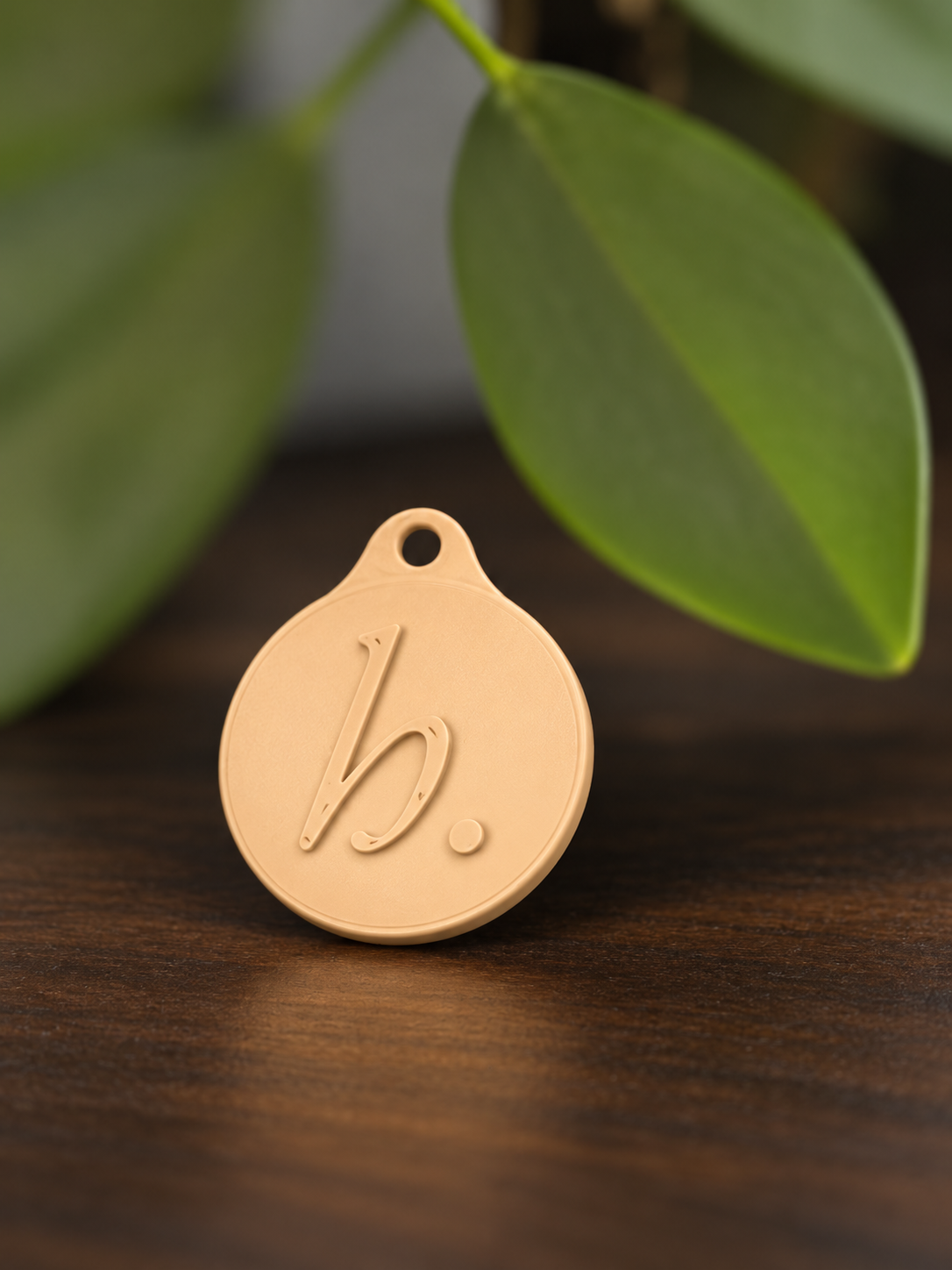 Refined Hairlab example: a round peach-coloured physical tag with the original raised b. logo and a small attachment hole