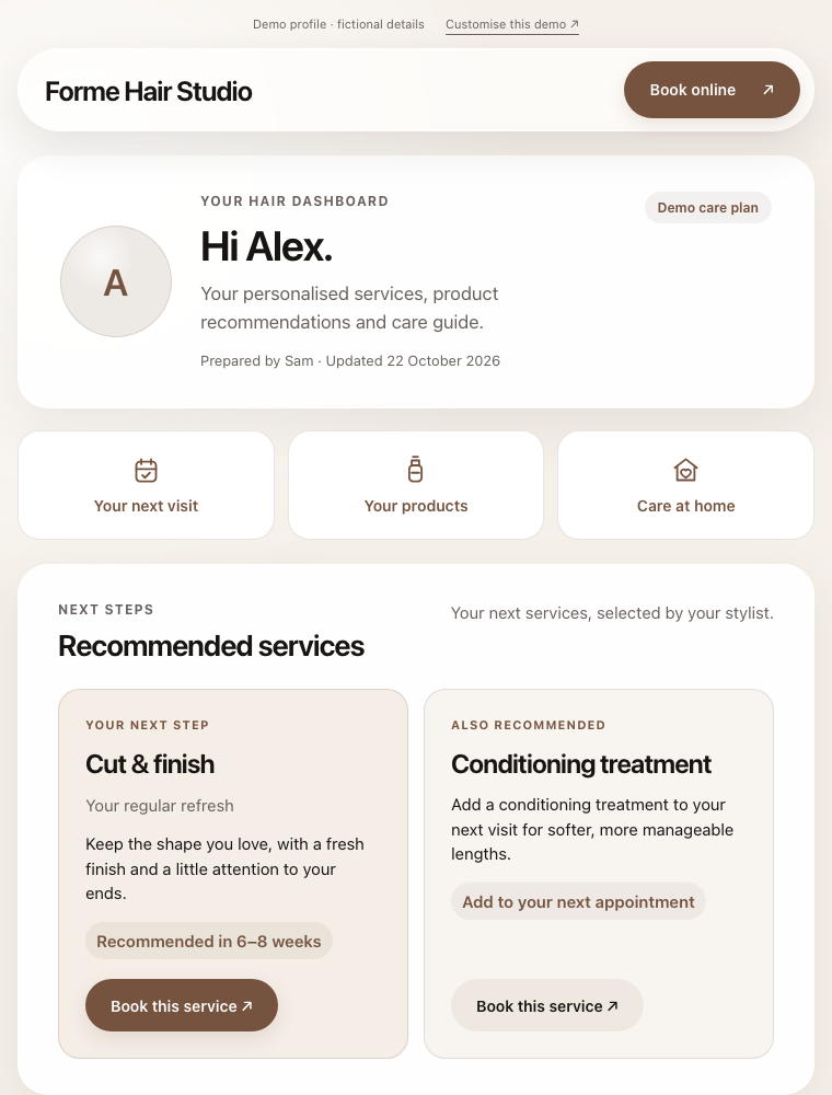 HairTag sample dashboard showing recommended services and products for a fictional Forme Hair Studio client